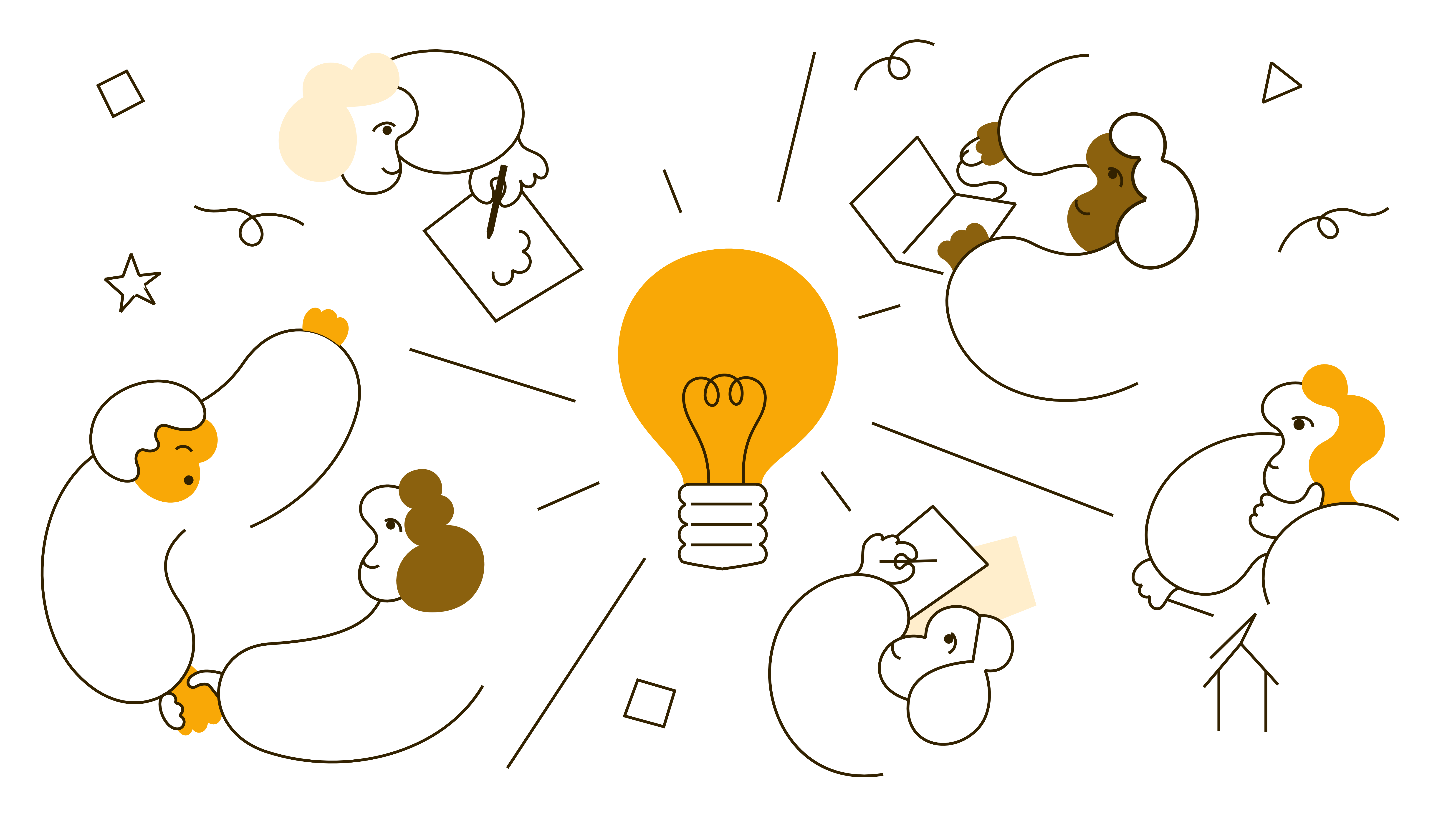Illustrasjon av mennesker plassert i en sirkel rundt en stor lyspære som symboliserer en idé. Personene tegner, peker og tenker, og samarbeider visuelt om idéutvikling.