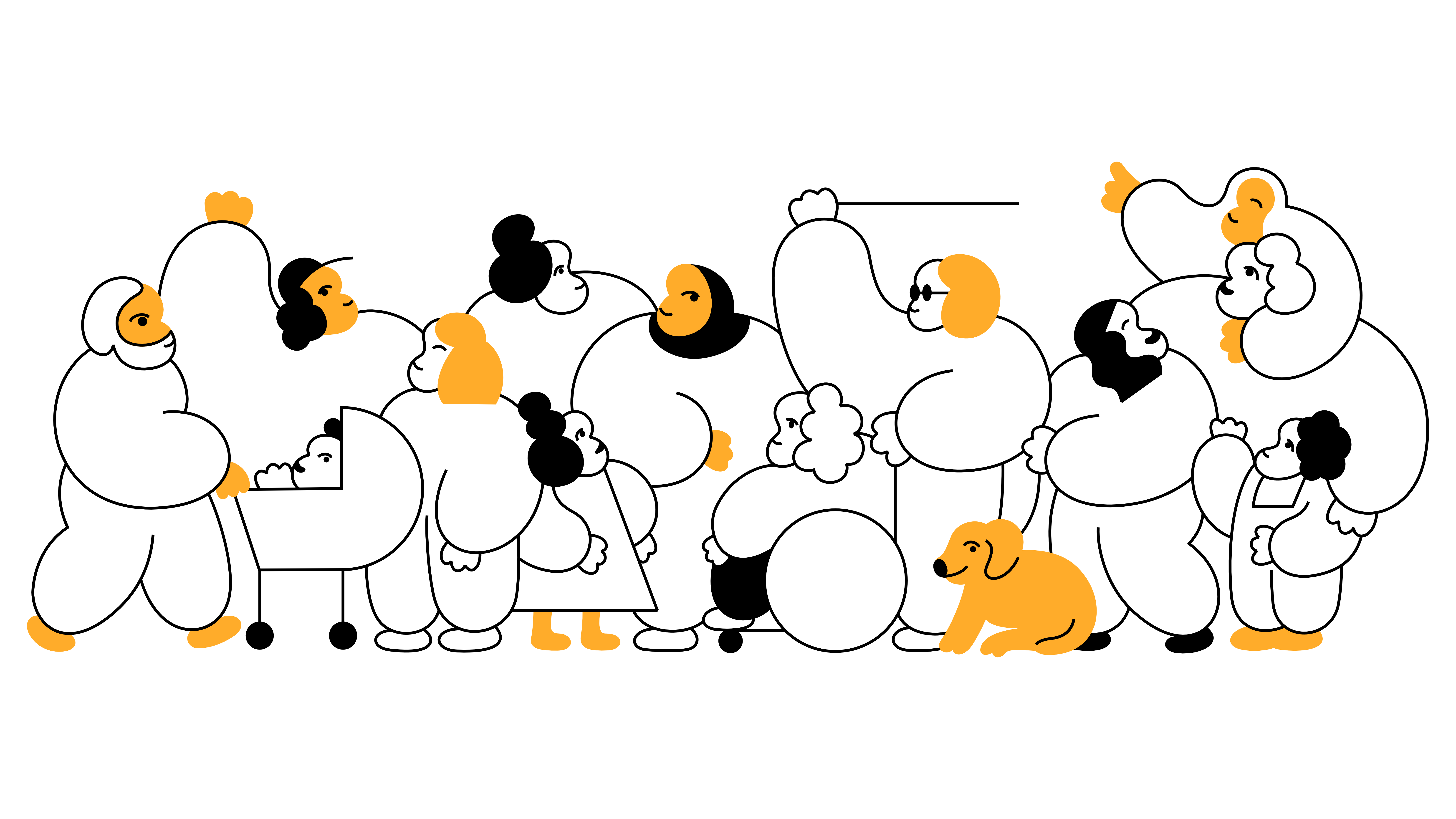 Illustrasjon av en mangfoldig gruppe mennesker i ulike aldre og livssituasjoner. Personene har forskjellige kroppstyper, hudtoner og frisyrer. Noen står, andre sitter eller bøyer seg, og én skyver en barnevogn. Et barn og en hund er også med. Figurenes former er myke og stiliserte, og uttrykket er varmt og inkluderende.