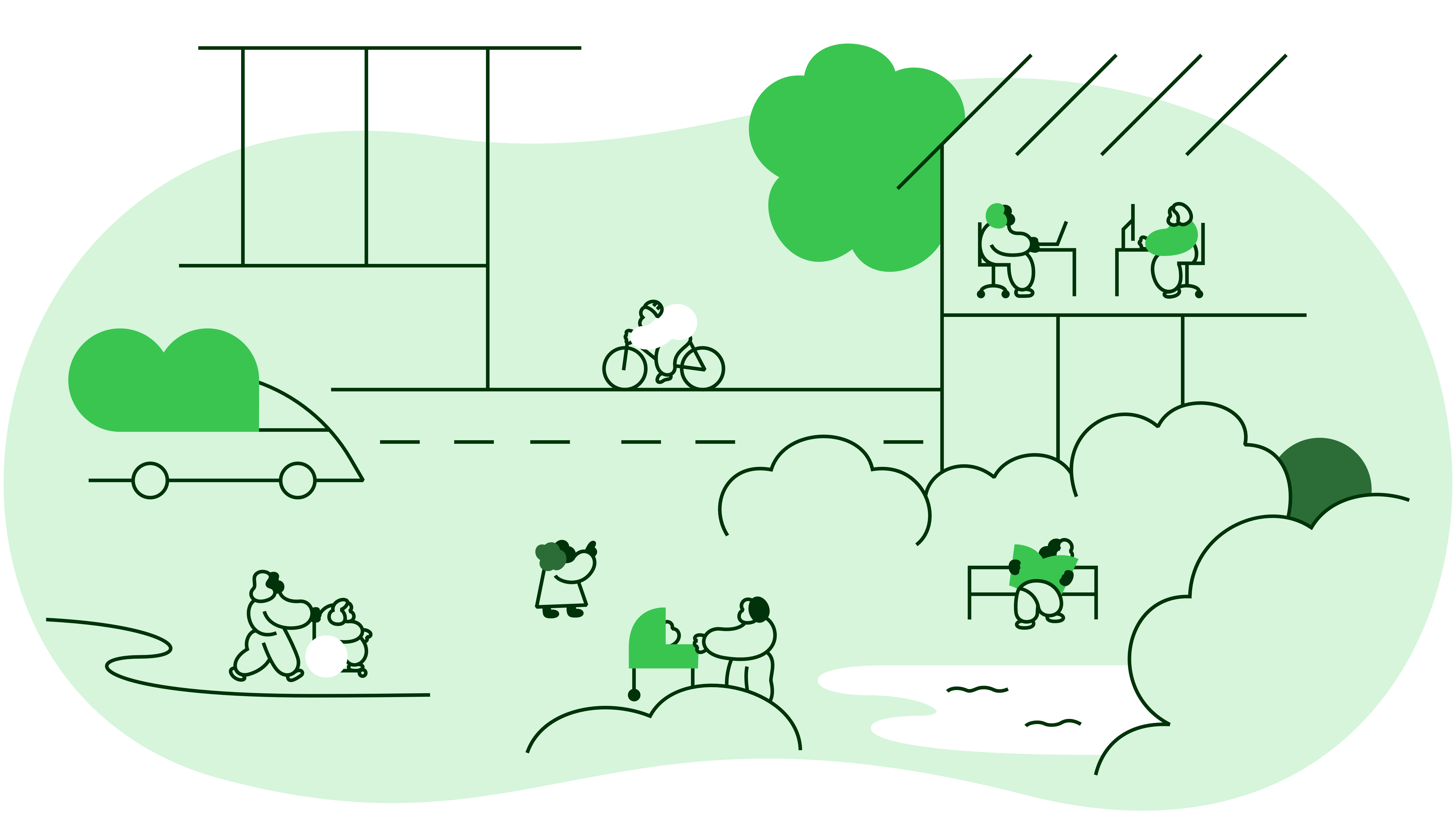 Illustrasjon i grønntoner av et bybilde med biler, syklister, barnevogn, en som sitter på benk og et kontorbygg.