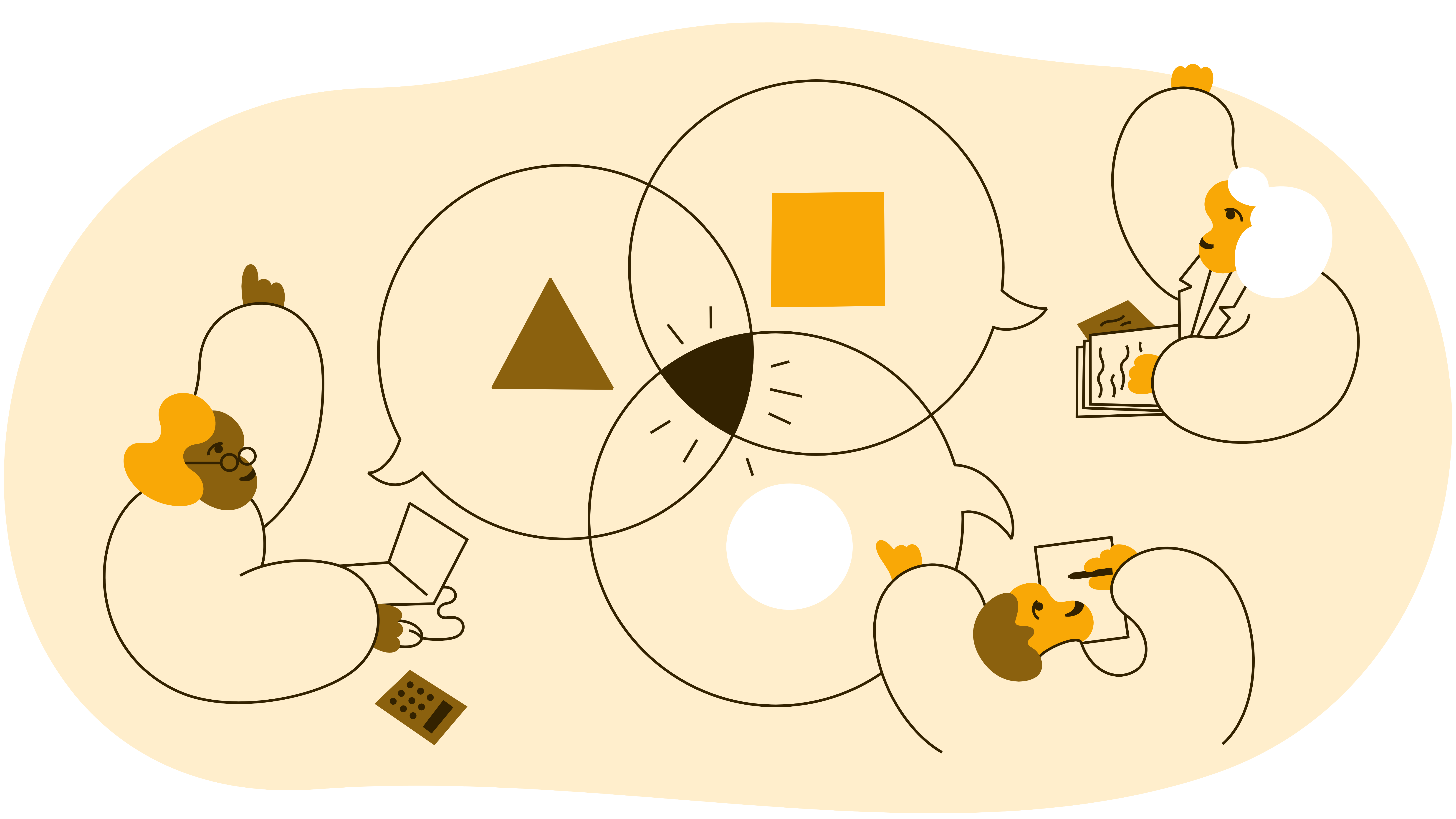 Illustrasjon av fire personer som samarbeider tverrfaglig, og de skriver, peker og jobber på hver sin måte, i varme orange- og bruntoner.