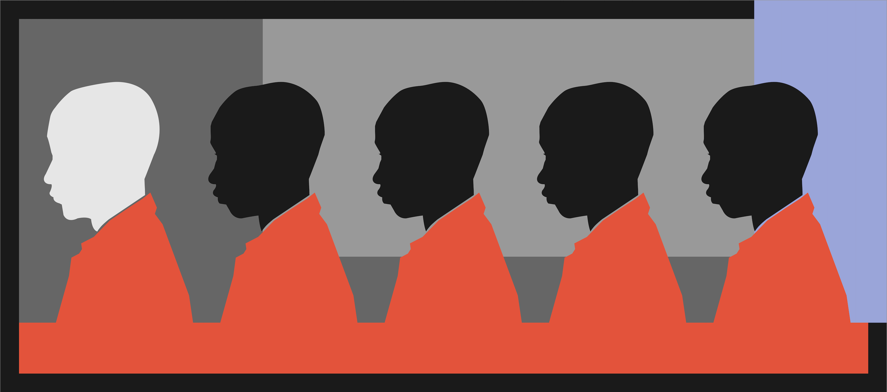 Digital art side views of five young men, one with a white skin tone and four with a Black skin tone, wearing orange clothes.