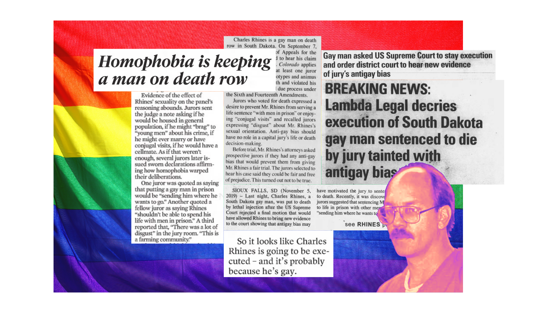 Headlines and articles about Charles Rhines atop pride flag, with image of Rhines.