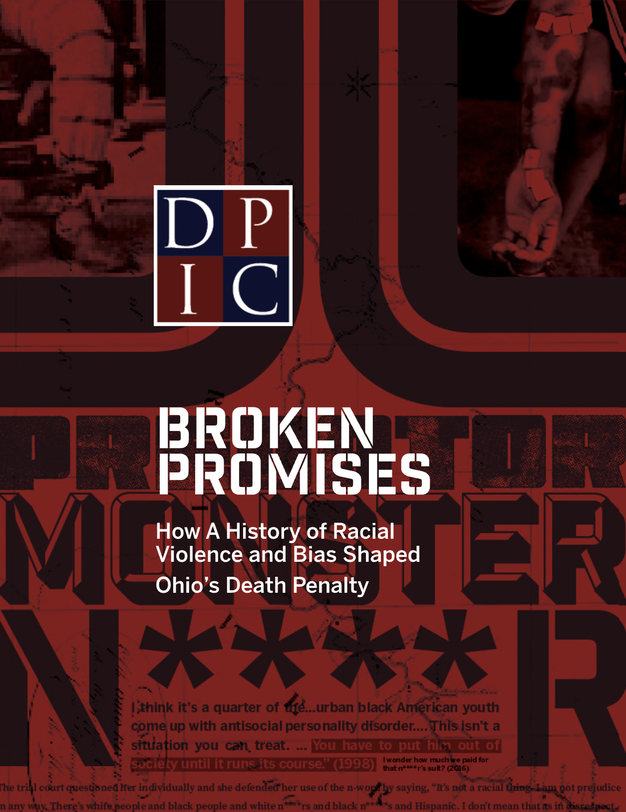 Cover page of DPIC's Ohio Report, Broken Promises. It has a red background overlayed with quotes that are featured in the report.