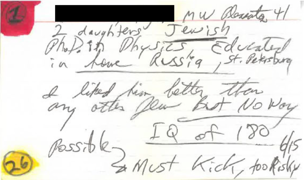 Prosecutor's index card from Dykes' jury selection noting that the potential juror was Jewish.