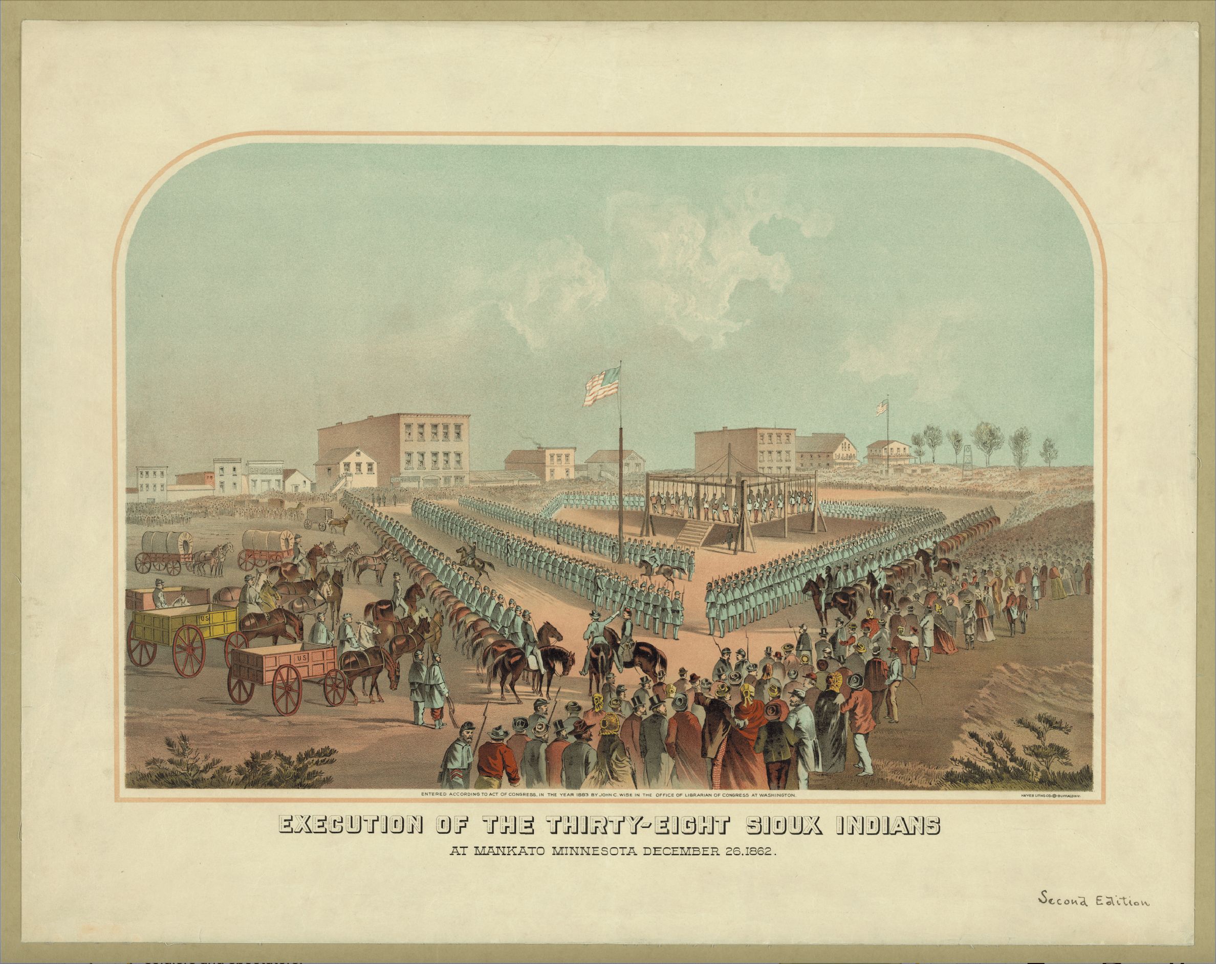 Illustration of a group of 38 Dakota Sioux men being hung on a platform, surrounded by soldiers and spectators.