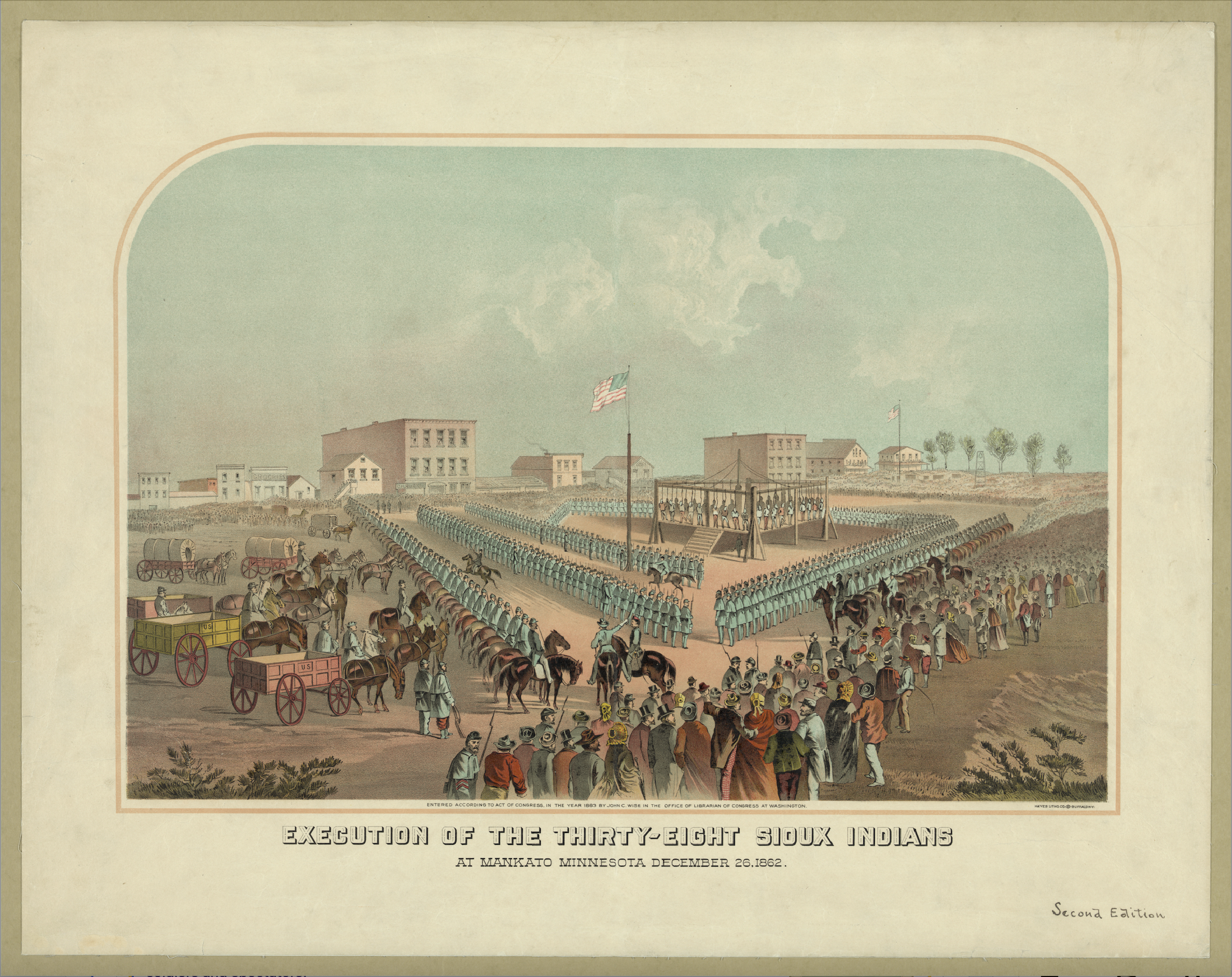 Illustration of a group of 38 Dakota Sioux men being hung on a platform, surrounded by soldiers and spectators.