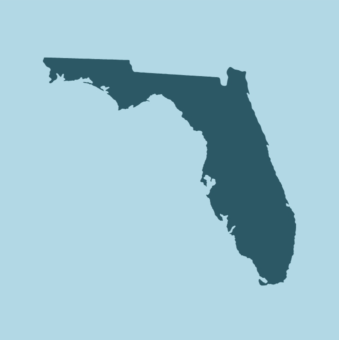 A dark teal outline of the state of Florida on a lighter teal background