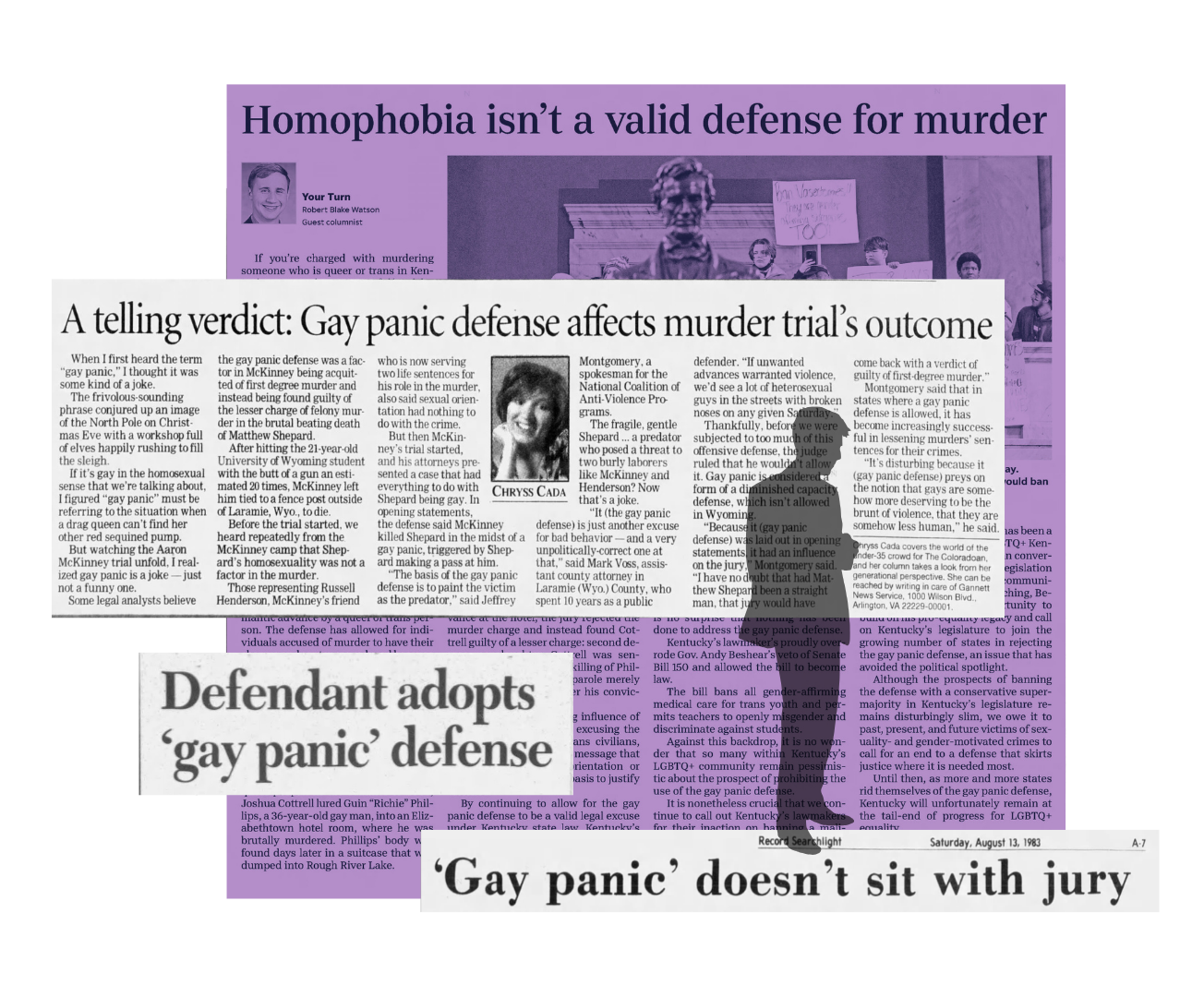 Collage of articles about Gay Panic Defense with purple tones and image of standing man.