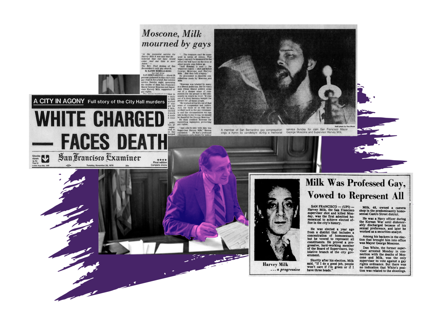 Picture of Harvey Milk in purple surrounded by headlines and news articles about his death.