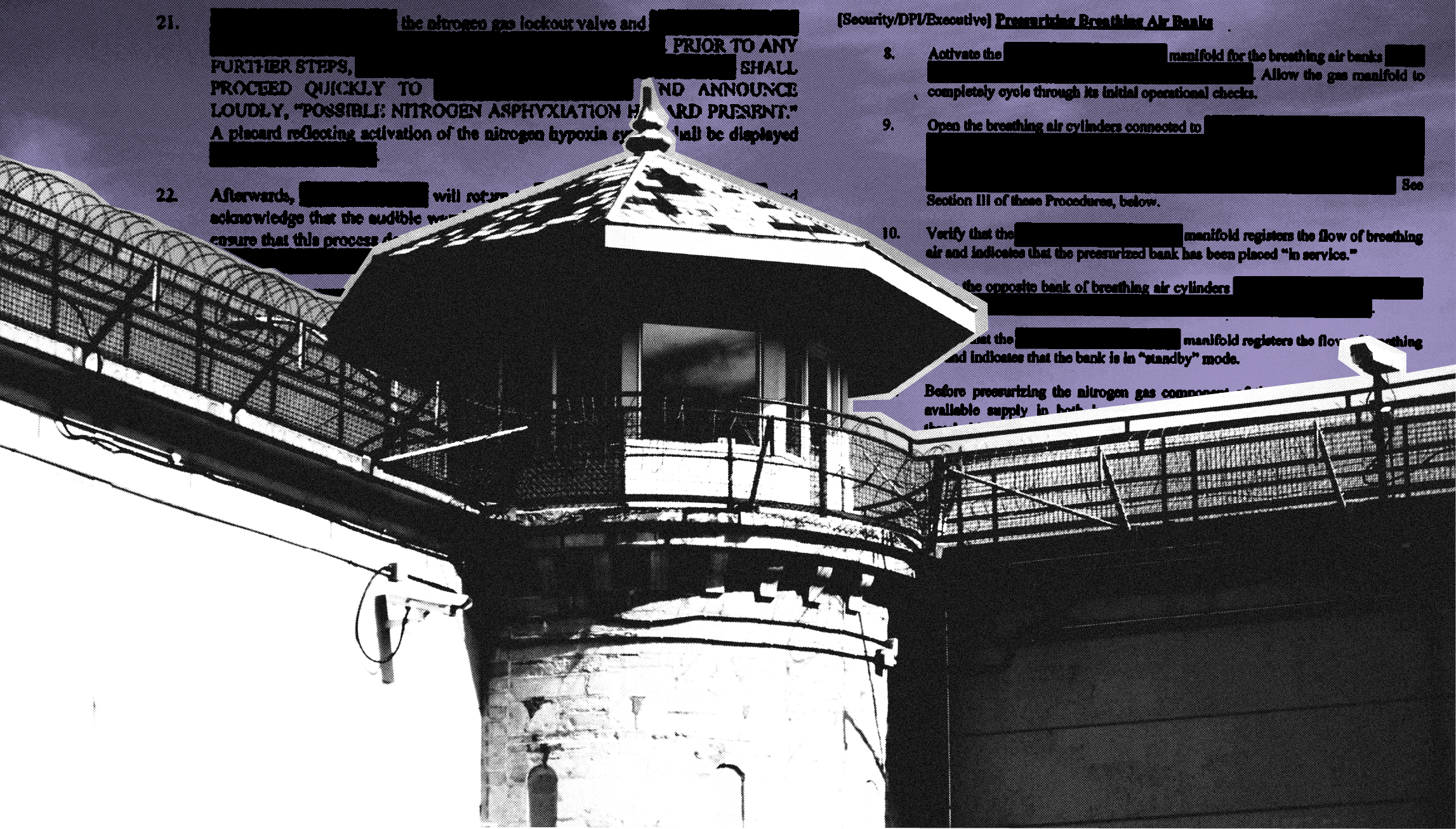 A B&W image of a guard tower, layered on a purple-tinted execution protocol with visible redactions.