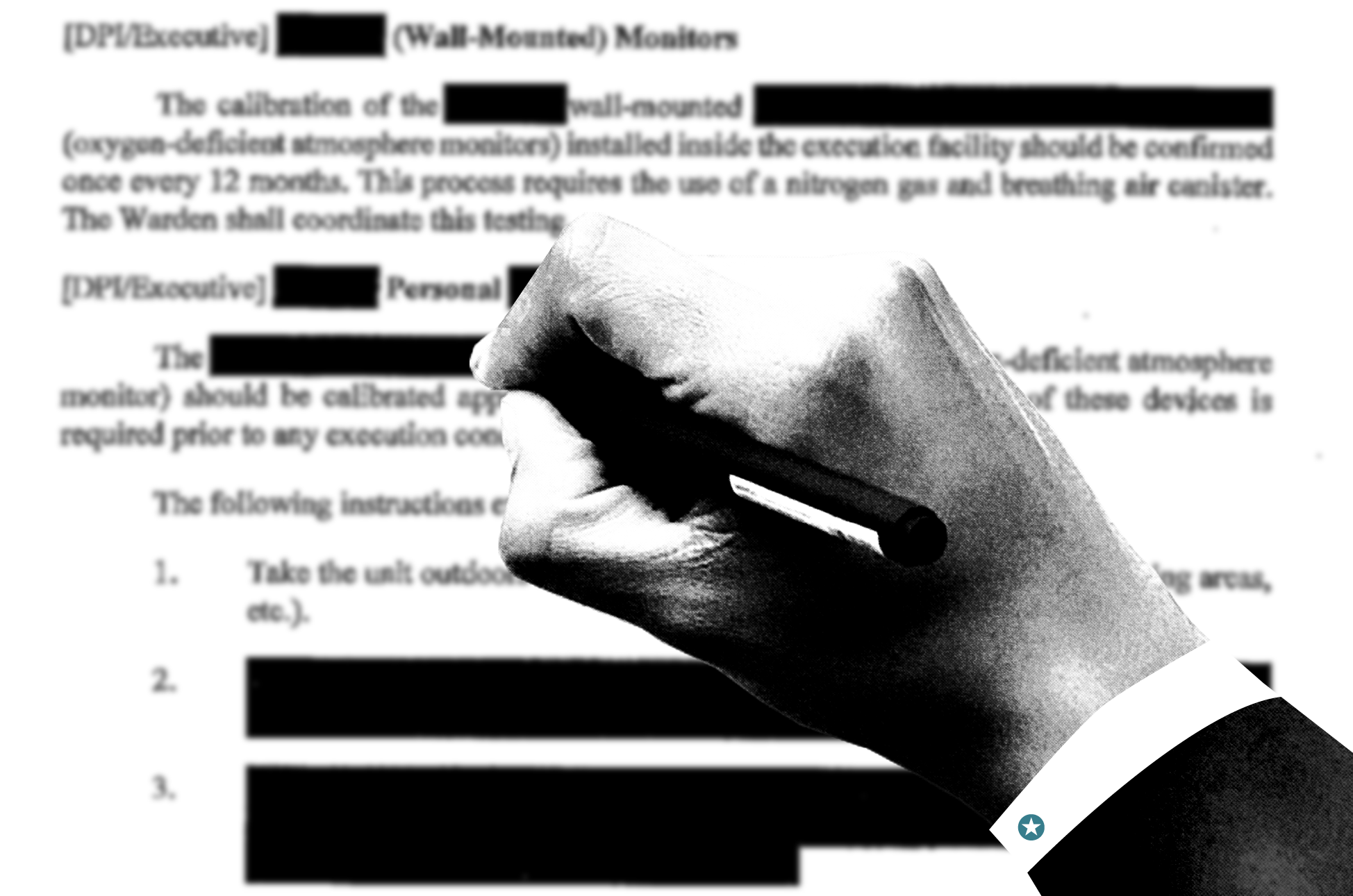 A hand signing a document with portions redacted.