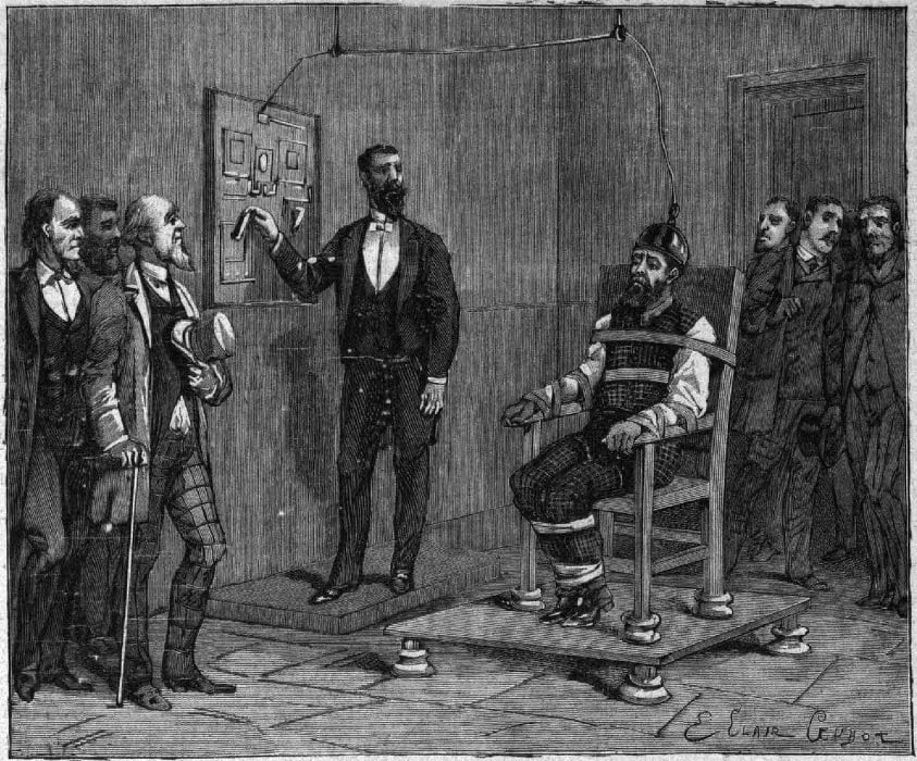 Ink illustration of William Kemmler's execution. He is strapped into a chair with a helmet strapped to his head as a man in a suit flicks a switch and a few other men watch.