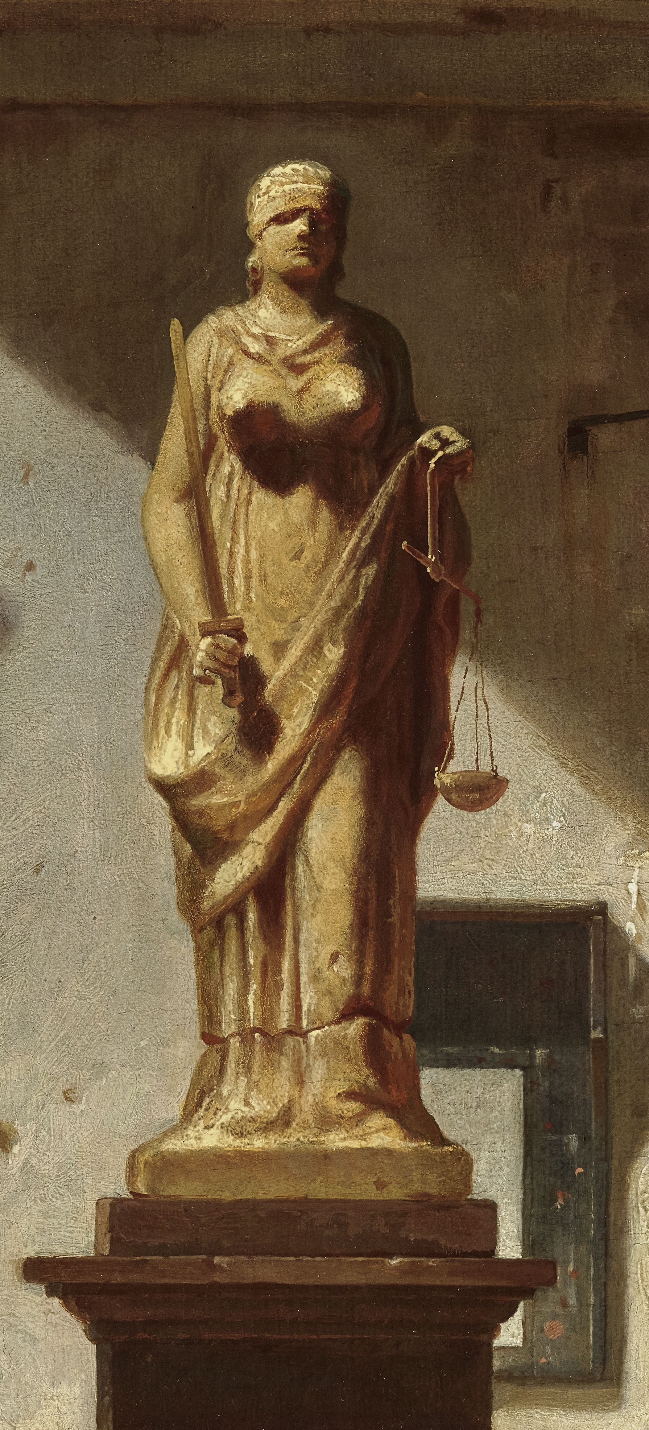 Painting of a statute of Lady Justice, blindfolded and holding a scale and sword