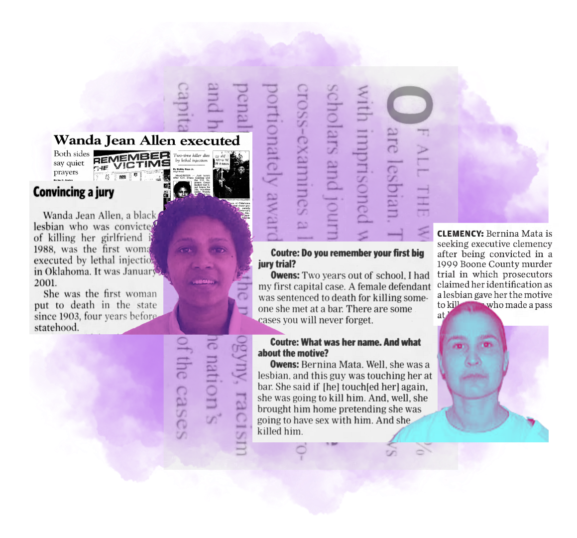 Images of Wanda Jean Allen and Bernina Mata with news articles about their cases on purple background.