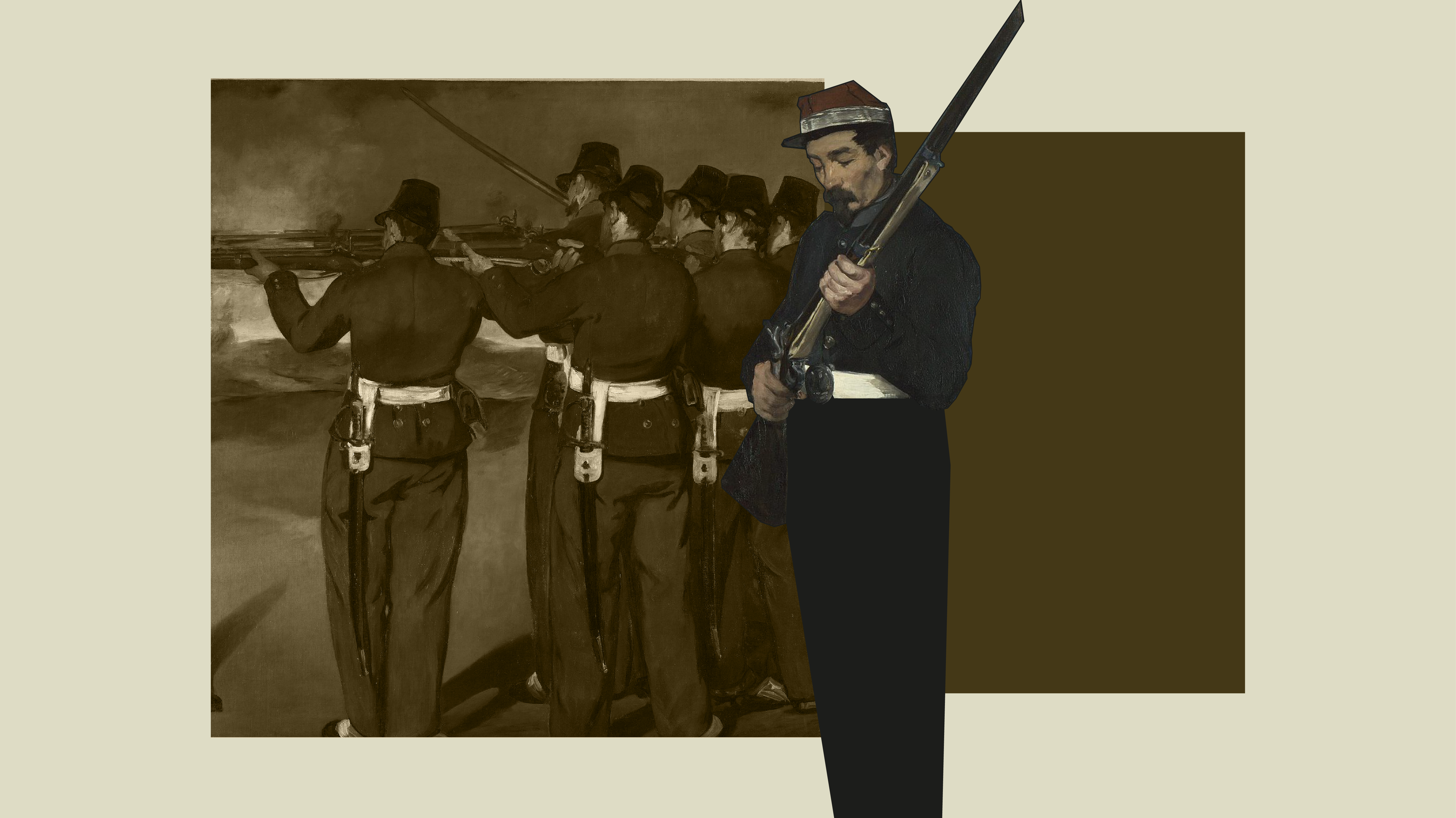 While a group of soldiers fire left with their backs turned, in sepia tone, one soldier turns towards the viewer with his head bowed, portrayed in color.