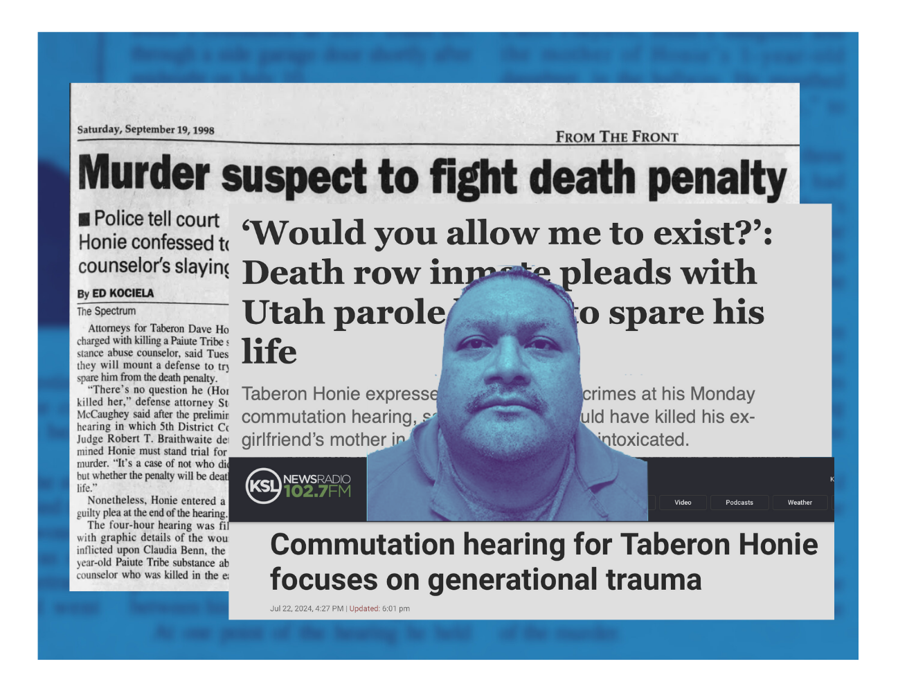A collage of Taberon Honie, a middle-aged American Indian man, with headlines about his case.