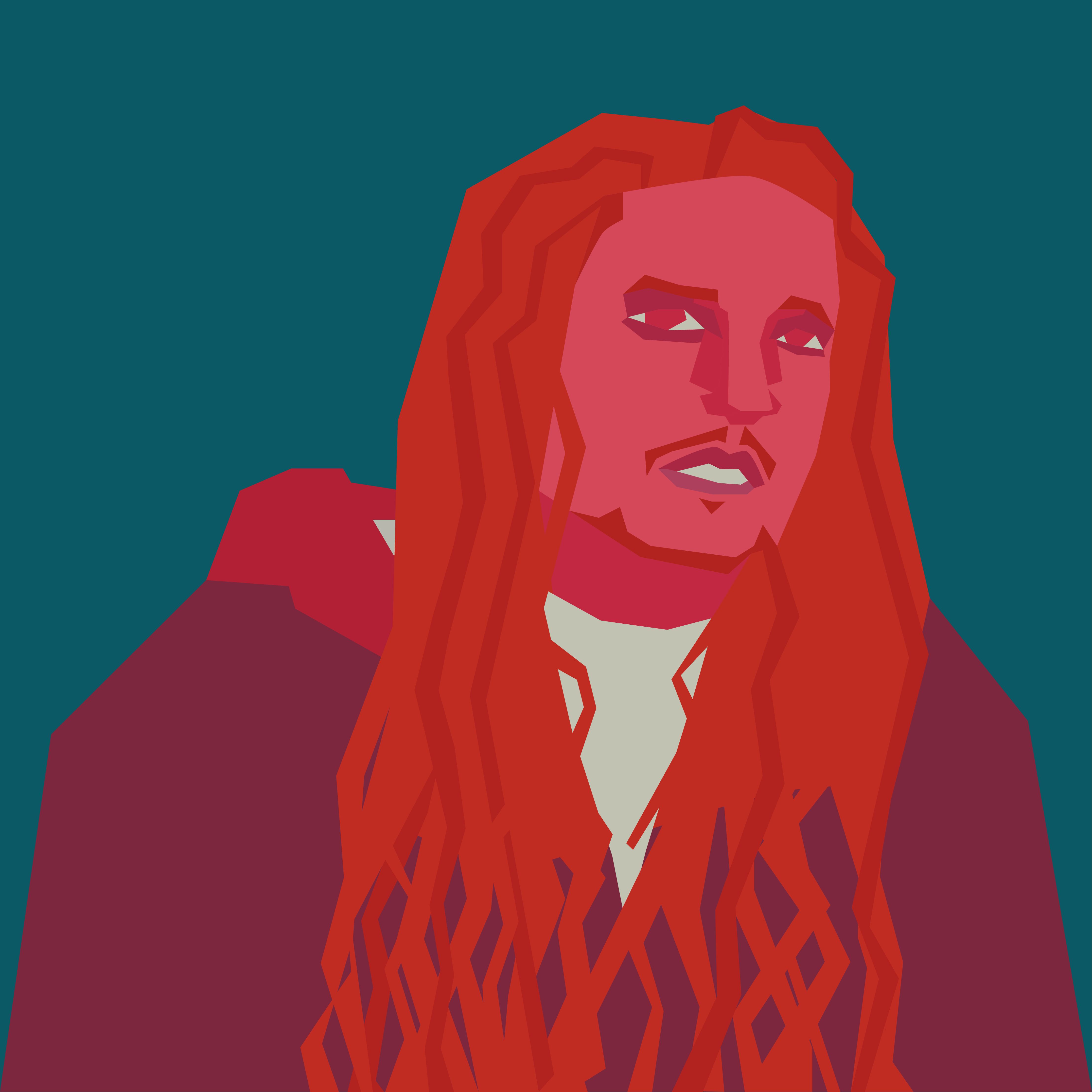 Hasson Bacote, a Black man with long hair, illustrated in red tones with teal background.