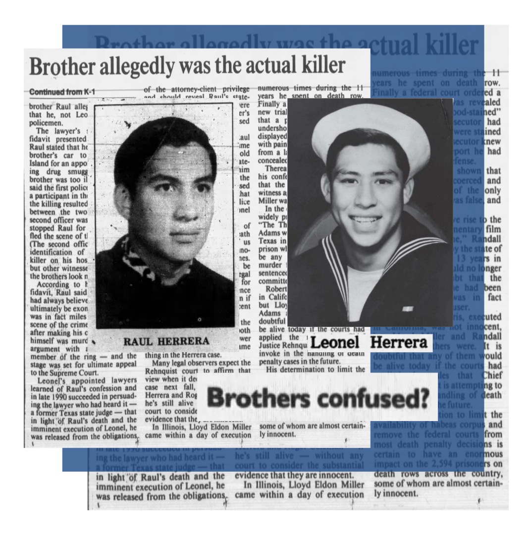 Photos of brothers Leonel and Raul Herrera, who look alike, in collage with newspapers about Leonel's innocence claim.