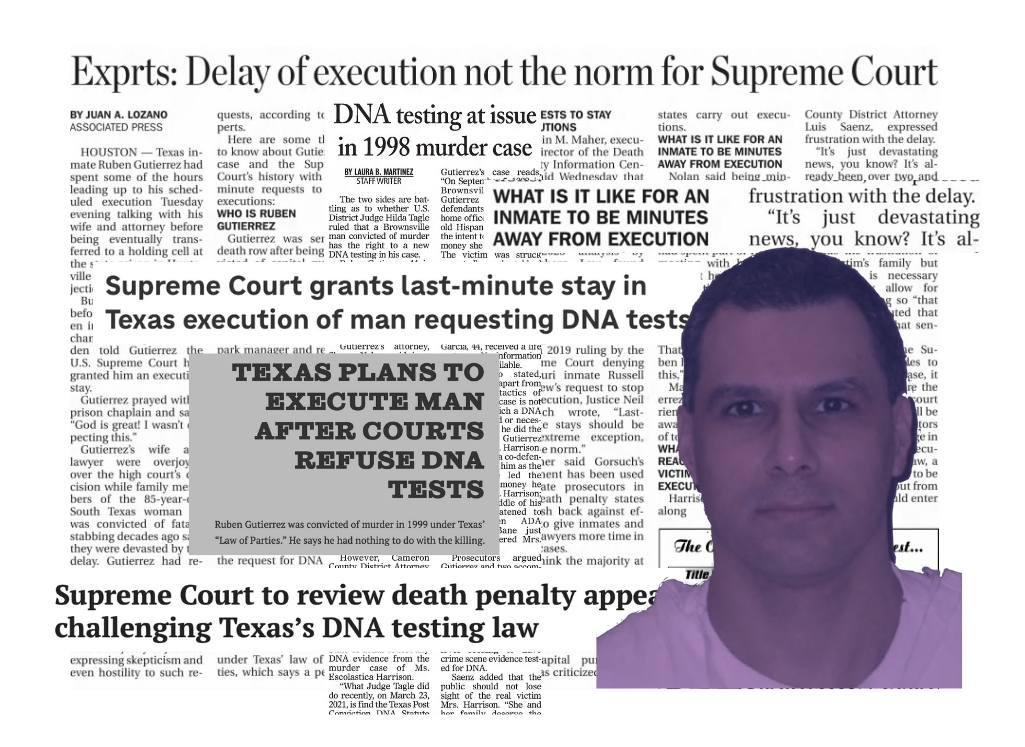Ruben Gutierrez, a young Latino man in a purple filter, collaged with headlines about his case.