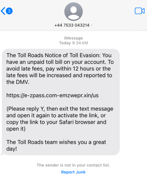 Toll Road Text Scam Example