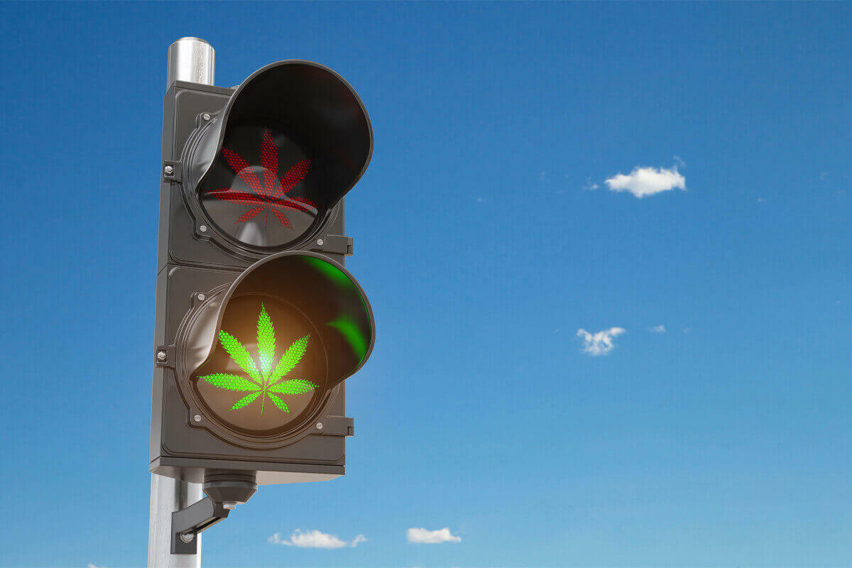 traffic light with marijuana leaf illuminated green