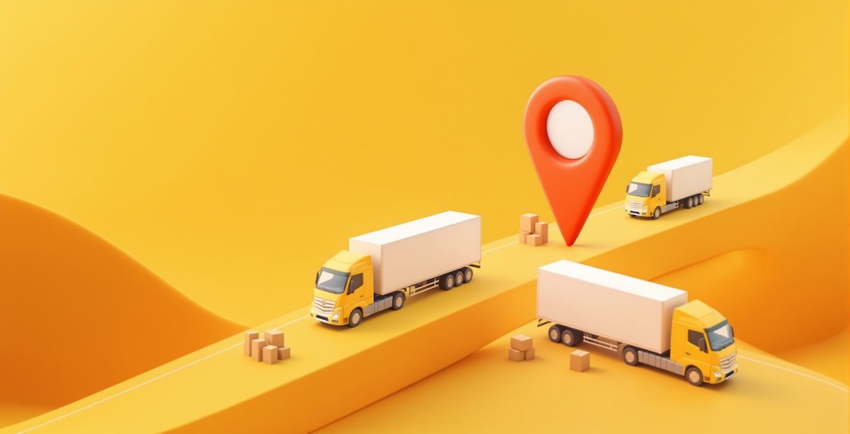 3D model trucks with location icon on yellow background