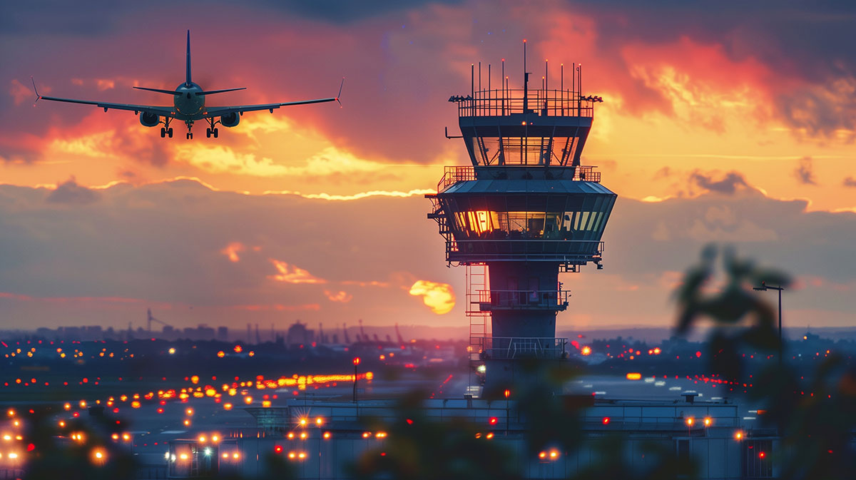 FAA Airport air traffic control tower with airplane in the background landing or taking off at sunset.