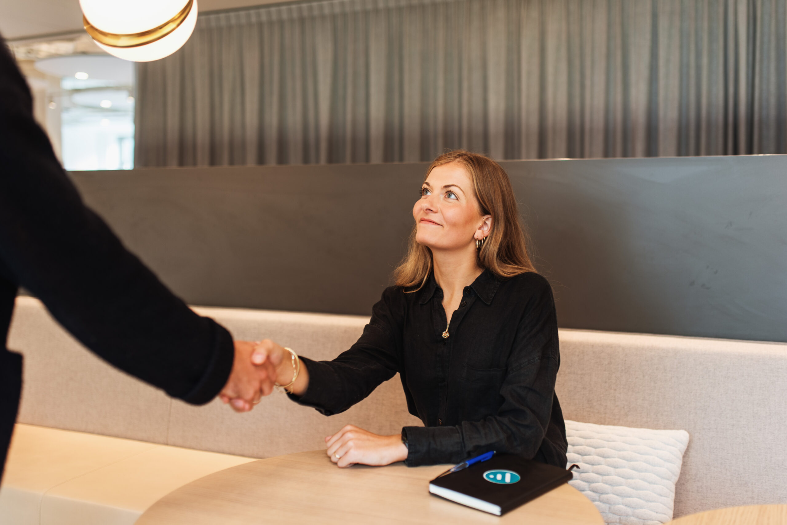 Zakenvrouw schudt handen over een partnerschapscontract