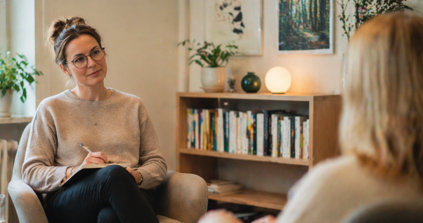Psykolog pratar med en klient i ett mötesrinavisk stil