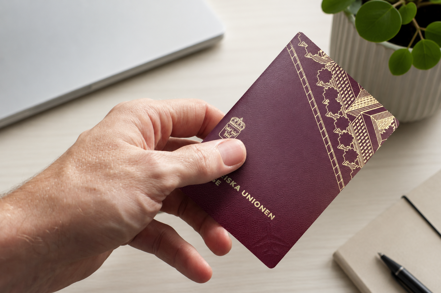 Hand holding a passport above a minimalist Scandinavian-style office desk with laptop and notebook.