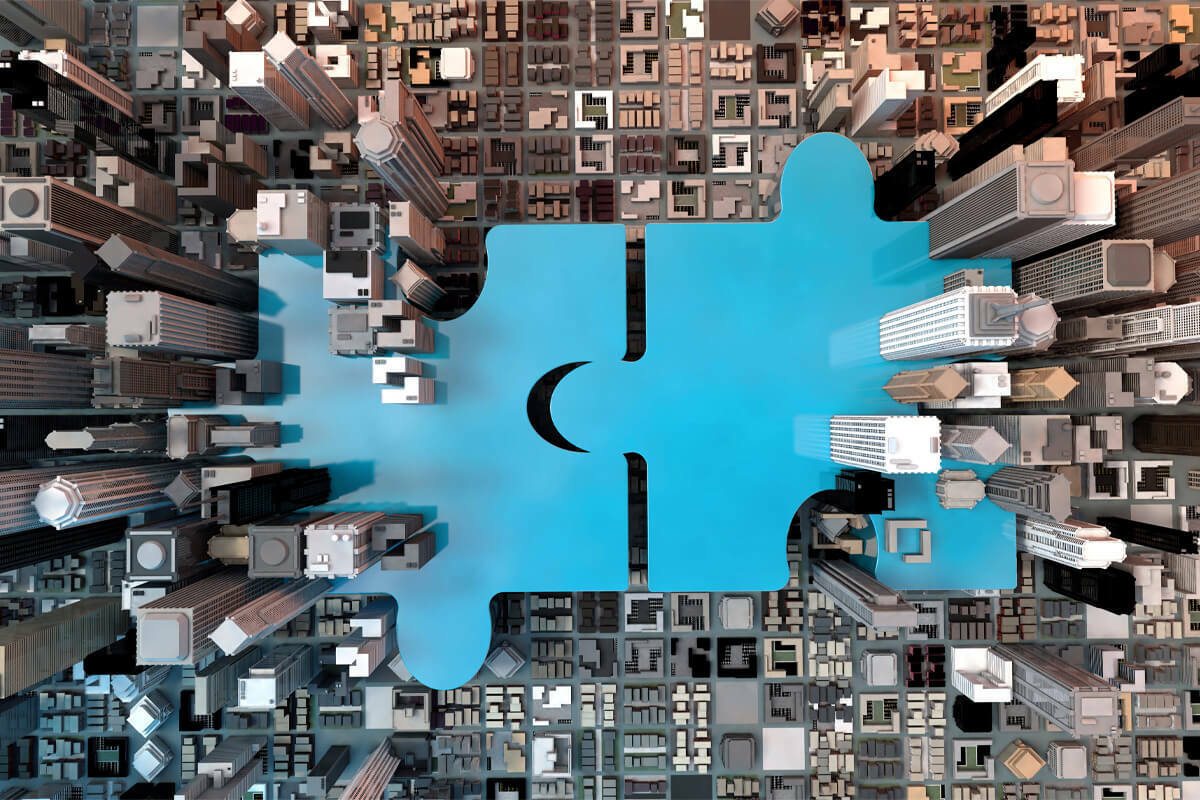 Illustration: Two cities joining together as puzzle pieces.