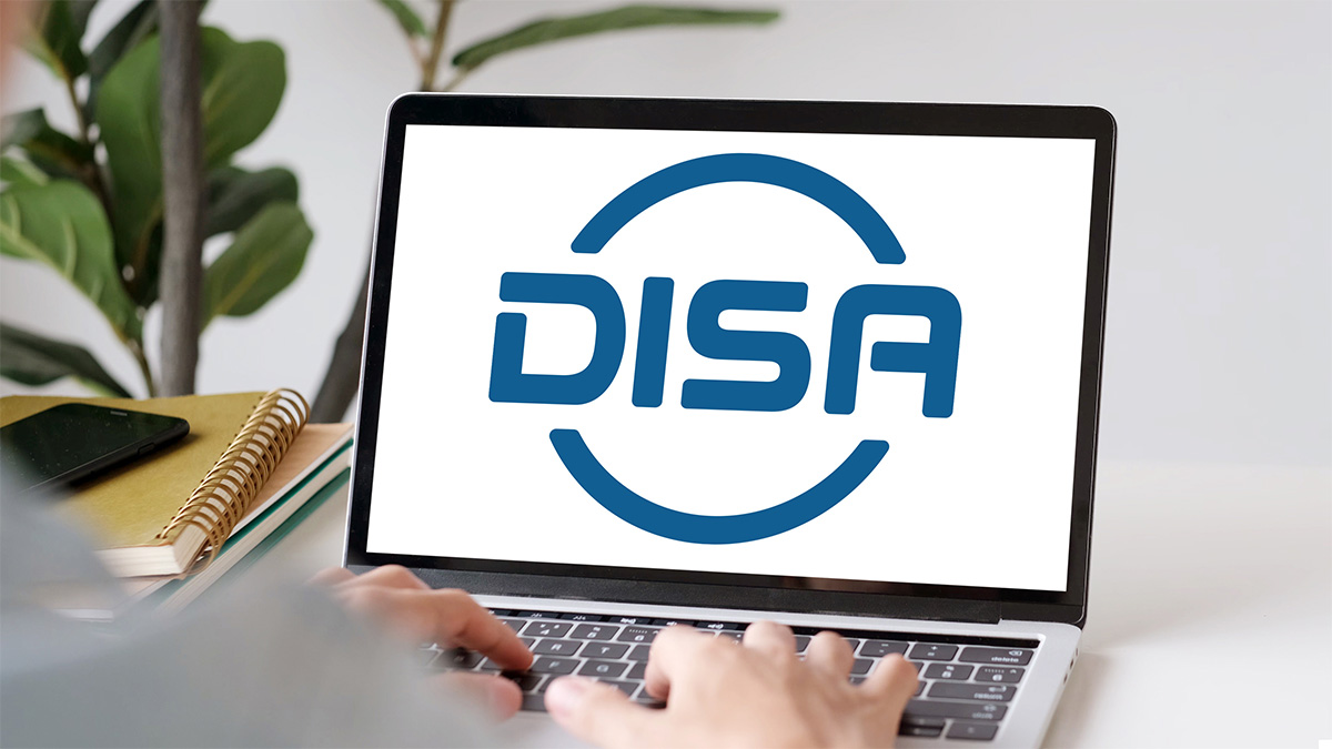 person viewing DISA branding logo on laptop
