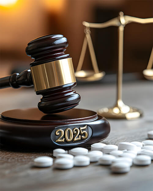 legal gavel, scales of justice, and drugs