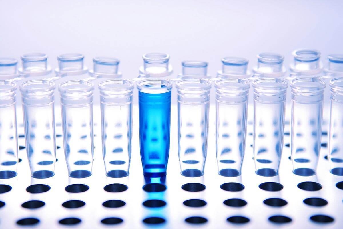 test tubes in a rack with blue liquid in one