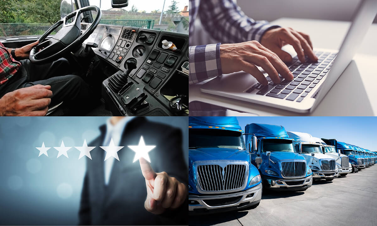 split image showing transport trucks, a truck driver behind the wheel, a person choosing a five-star rating, and a person working on his laptop