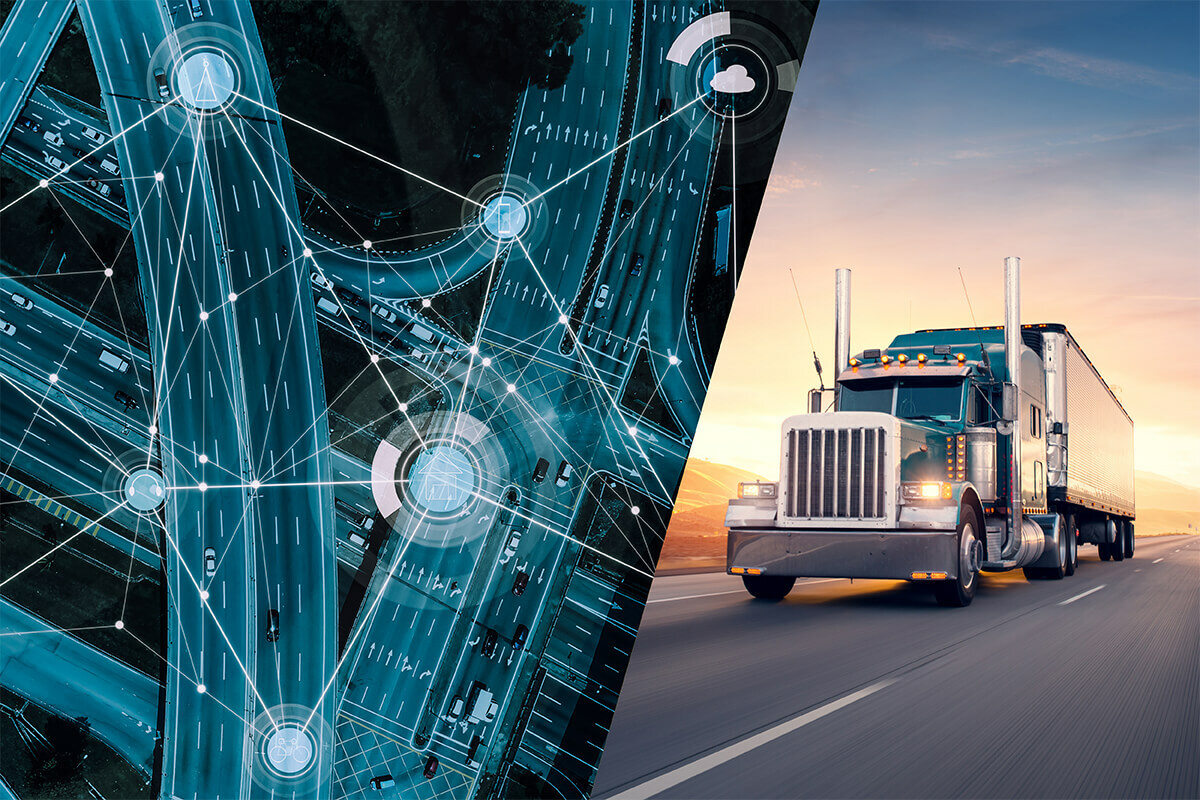 split image showing a highway map and an 18 wheeler