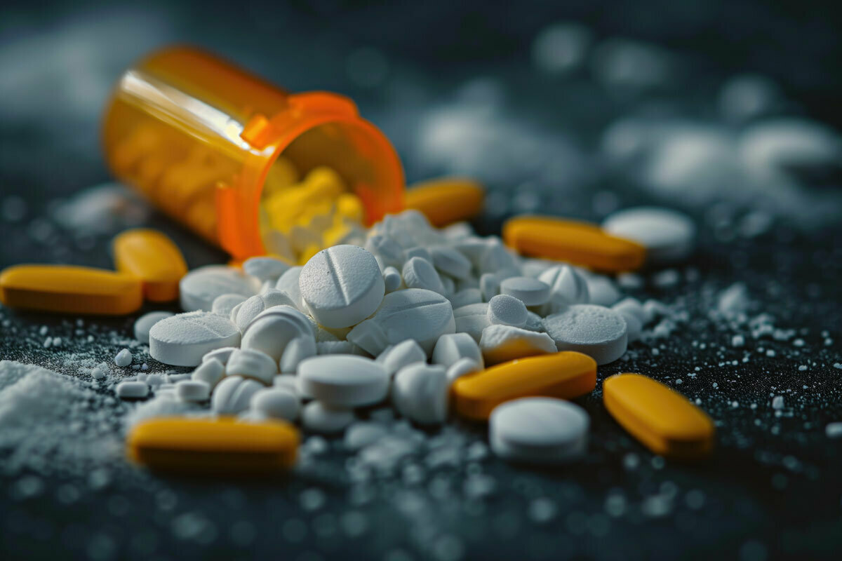 fentanyl pills spilling out of a prescription pill bottle