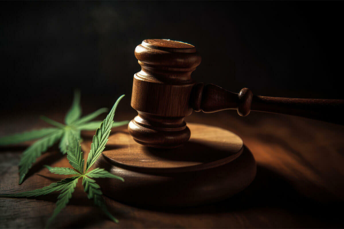 Gavel with marijuana leaves