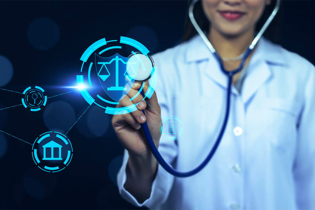 Healthcare worker holding a stethoscope up to a legal icon