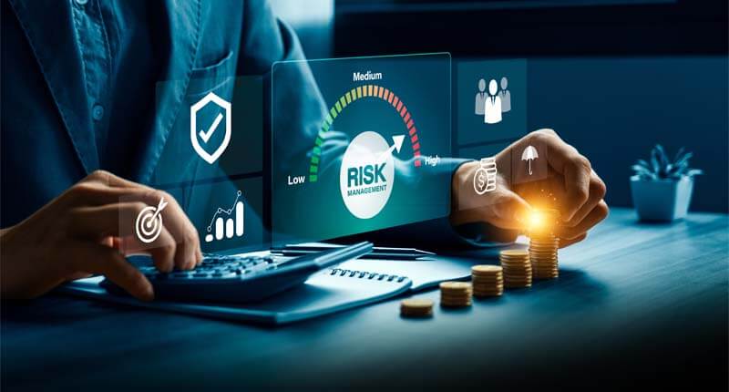 Risk management and financial strategy concept with businessman analyzing investment data and protecting assets
