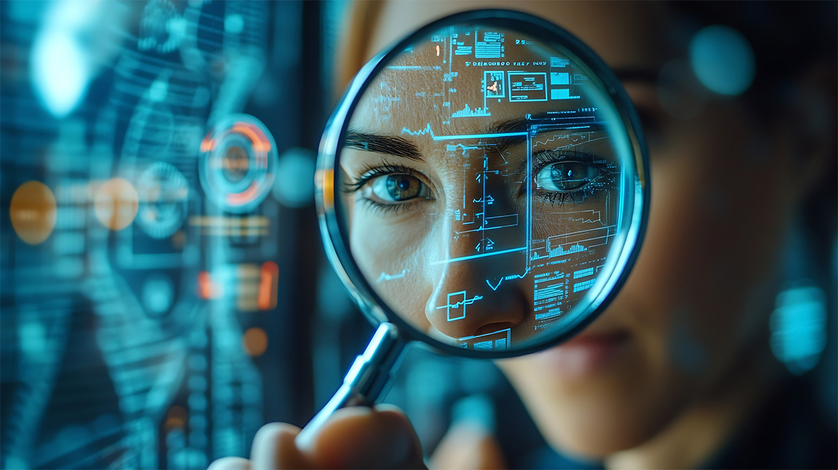 woman analyzing data looking through magnifying glass
