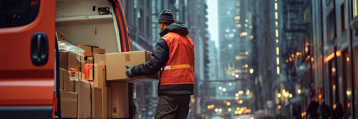 delivery driver loading packages into trunk on busy street