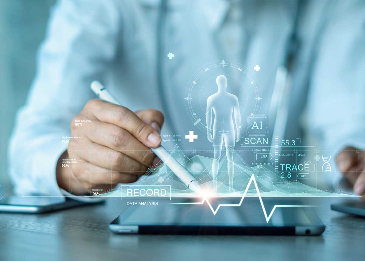 Doctor touching electronic medical record, Digital healthcare on network with hologram modern virtual interface, OMRT, electronic medical record tracking