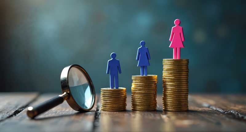 Concept photo illustrating gender pay gap. Figurines stand atop stacks of coins, woman on top, men below. Magnifying glass explores income disparity in business, finance, economics.