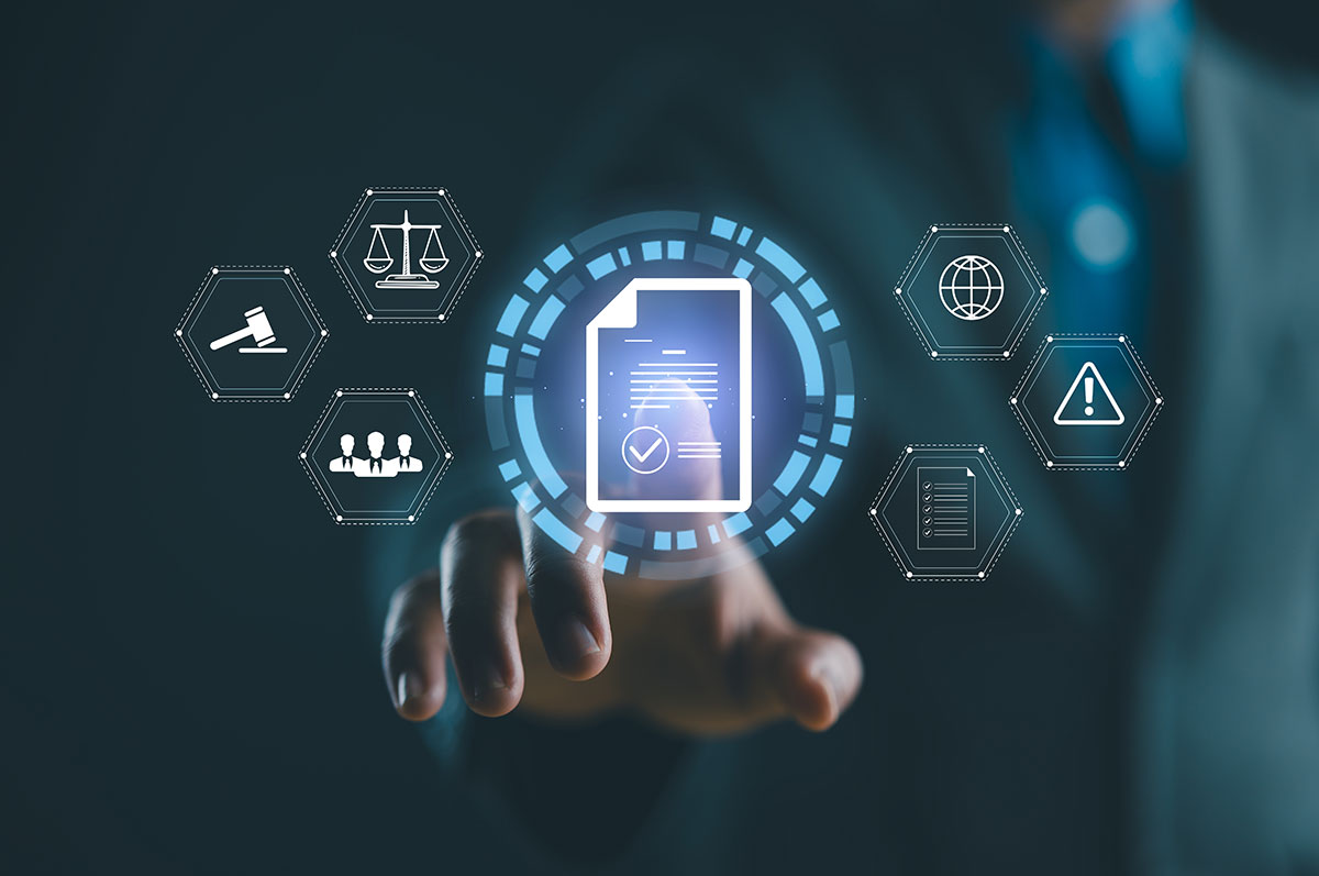 Compliance rules and law regulation policy concept. Businessman touch compliance icons on virtual screen for enforcement of laws, regulations, and standards.