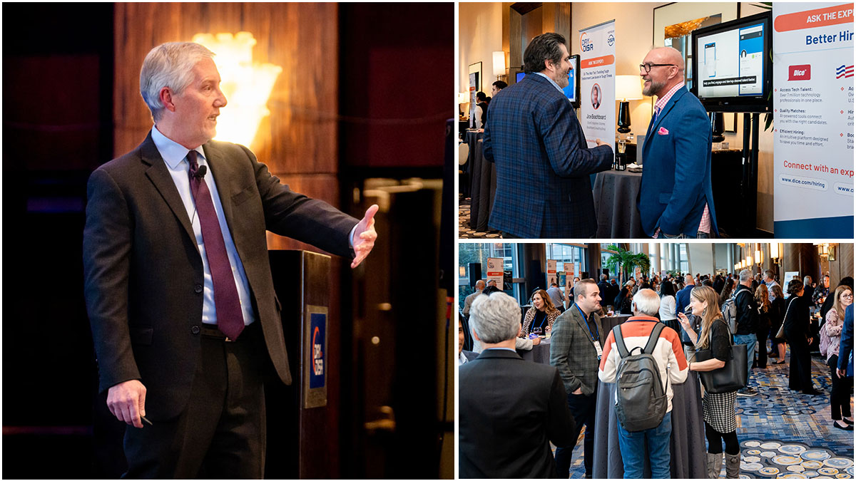 HR conference attendees talking to each other at a networking event, a conference speaker