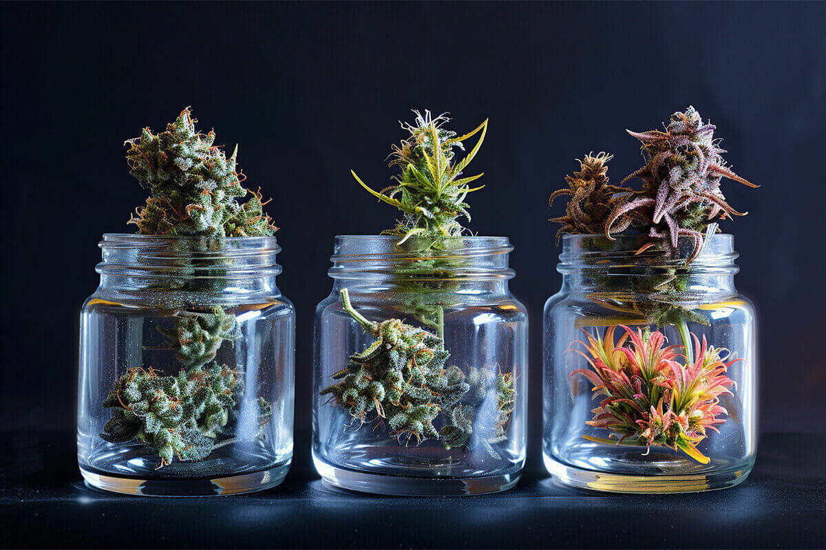 three jars with different cannabis plants in them