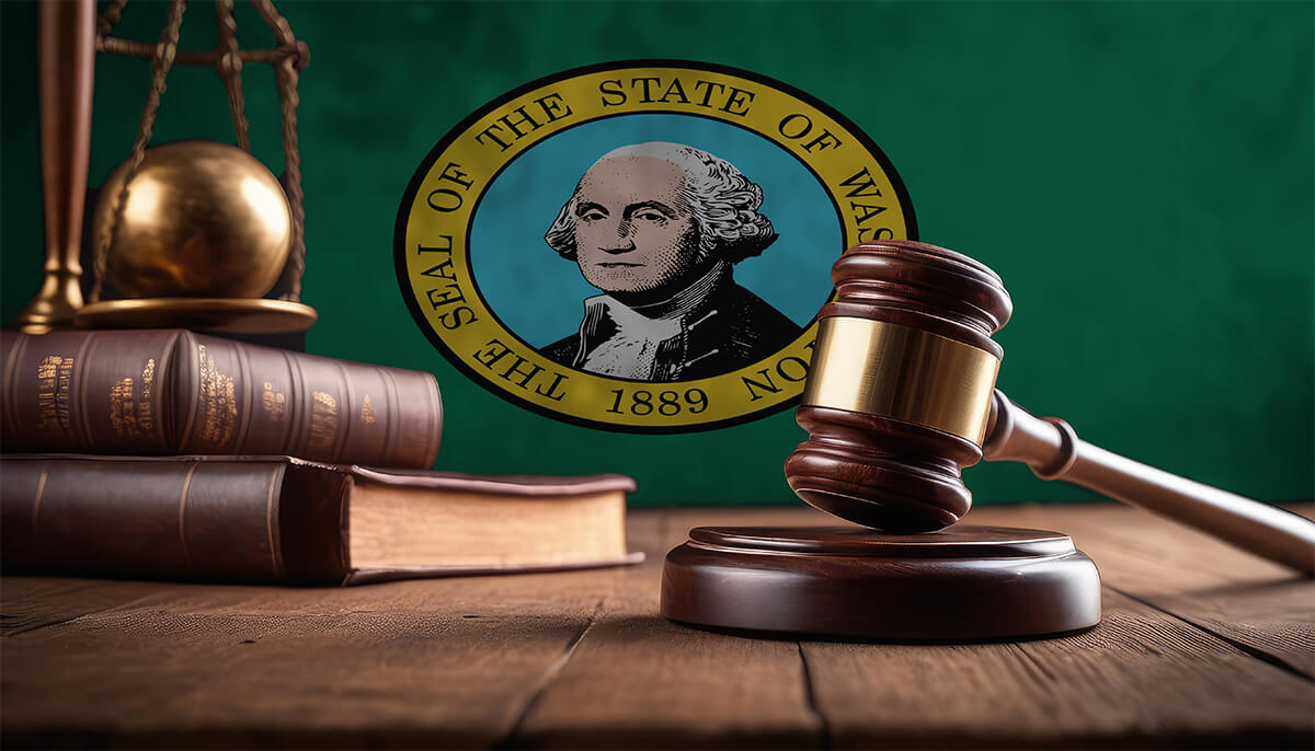 wooden gavel in front of Washington state flag