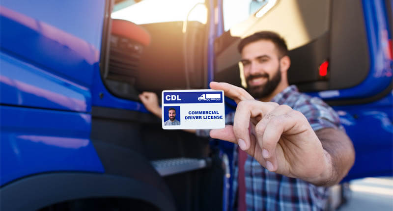 Portrait of middle aged bearded truck driver standing by his truck and showing his commercial driver license