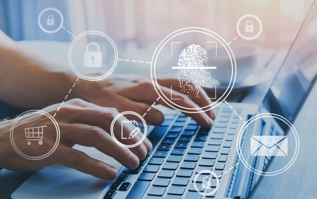 person typing on computer criminal background check icons